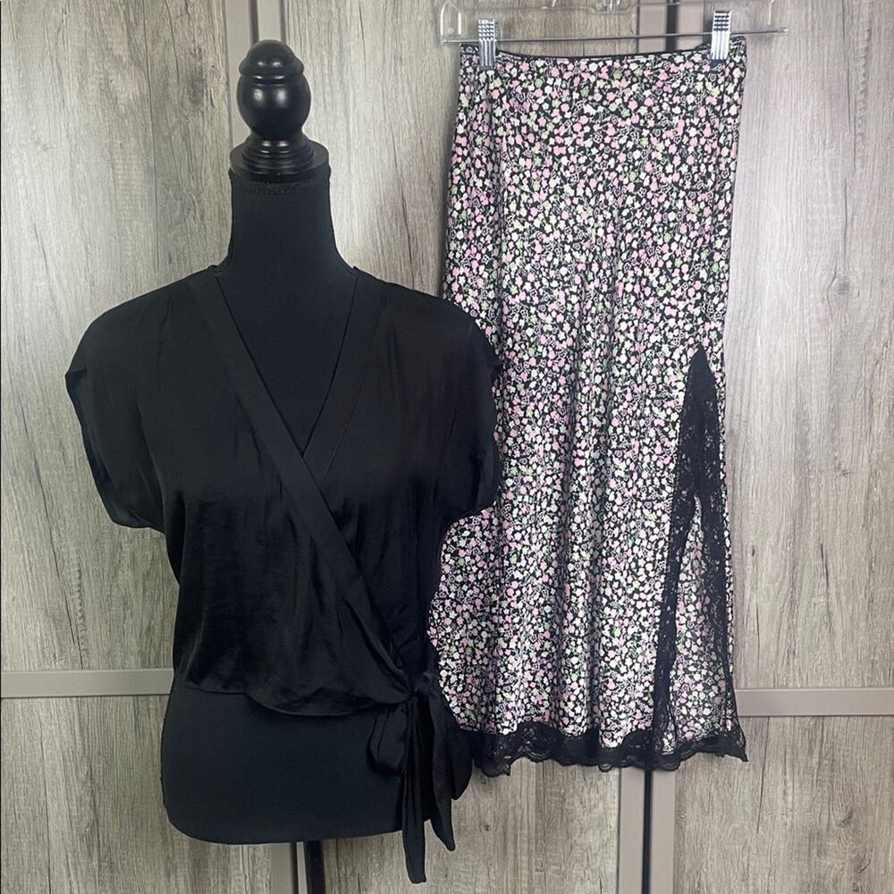 Bundle! Bar III Black Crop Side Tie Top/ Divided Floral Slip Skirt Women's XS/S